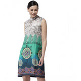 Multicolor printed polyester sleeveless above-knee dress for women