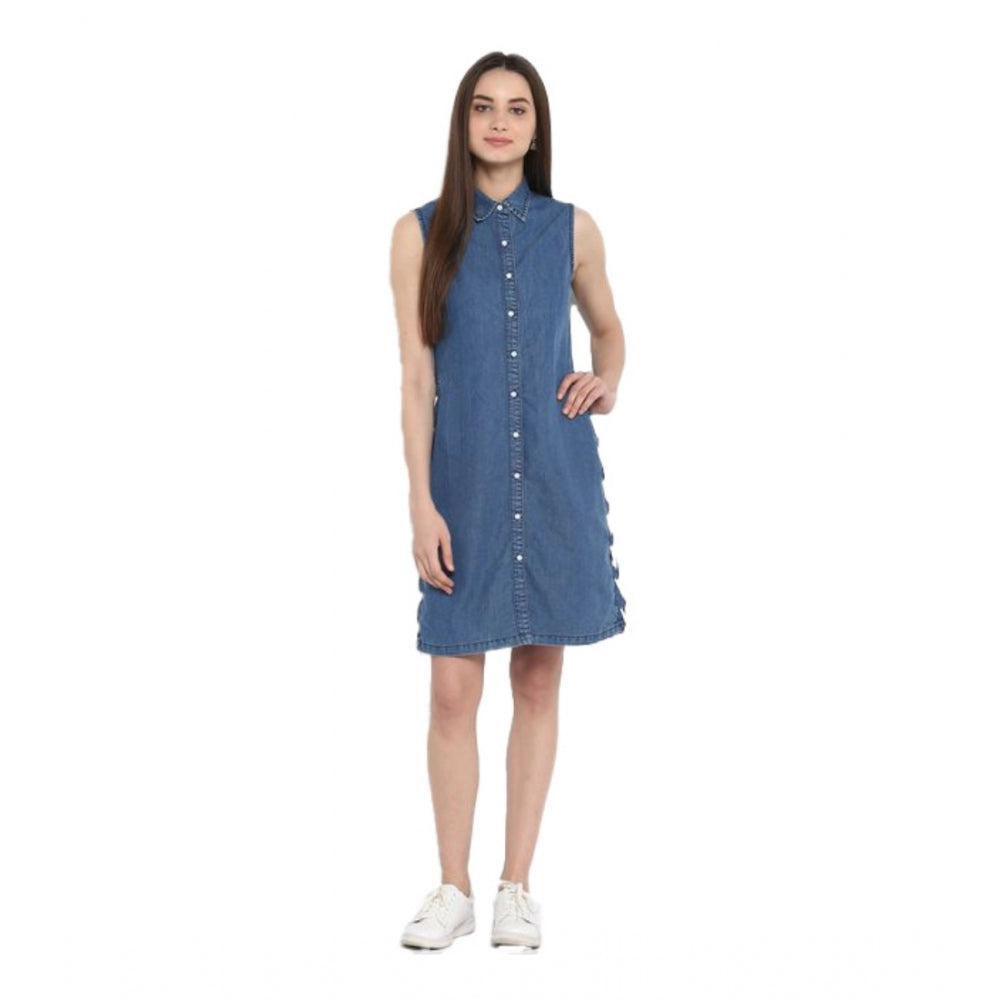 Blue denim women's sleeveless dress, solid pattern, above knee length