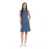 Blue denim women's sleeveless dress, solid pattern, above knee length