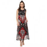 Red & black polyester printed sleeveless dress for women, vibrant pattern on display