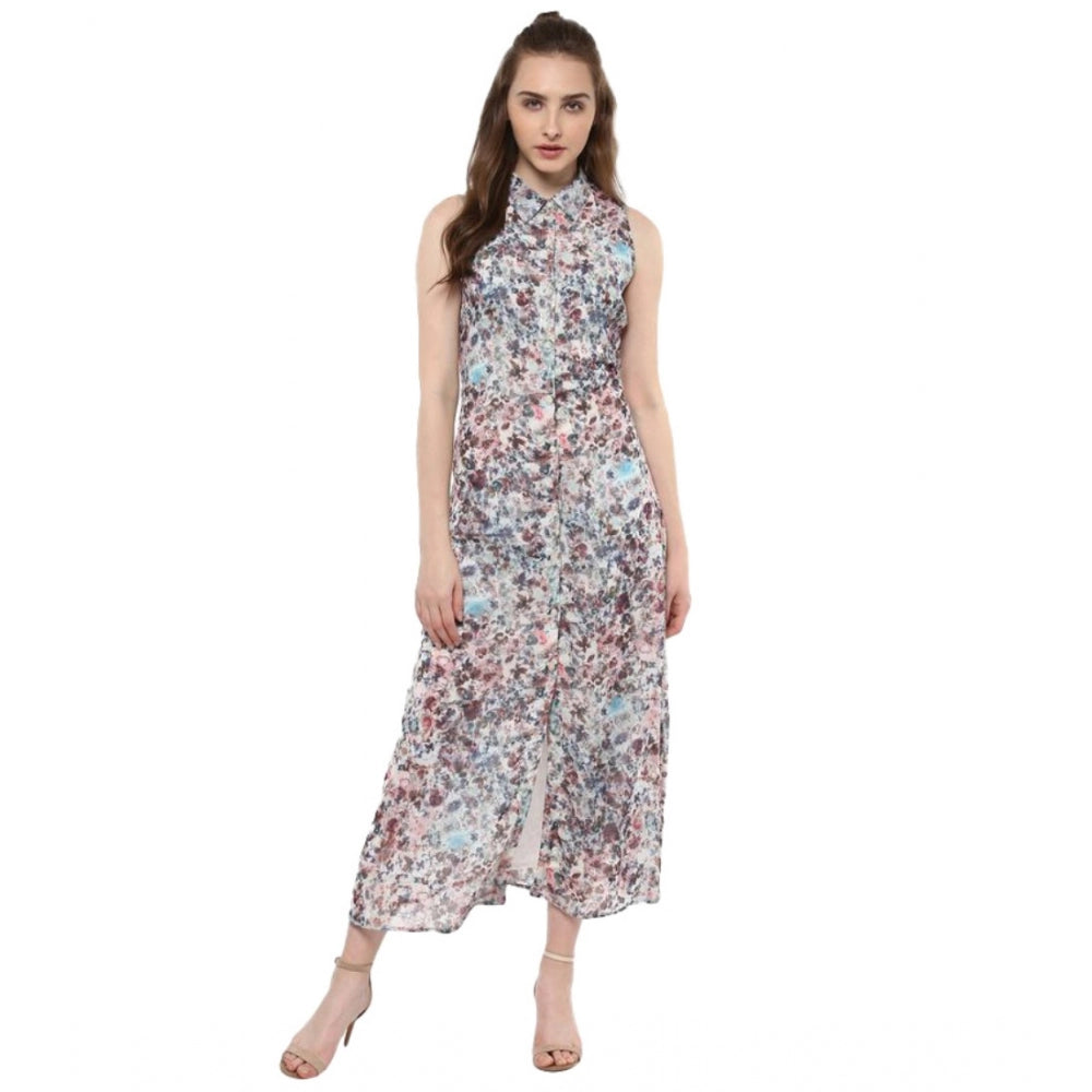 Multicolor polyester chiffon printed sleeveless dress for women, vibrant pattern on display