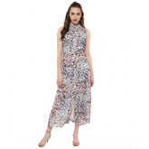 Multicolor polyester chiffon printed sleeveless dress for women, vibrant pattern on display