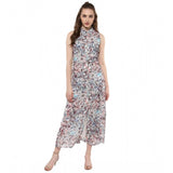 Multicolor polyester chiffon printed sleeveless dress for women, vibrant pattern on display