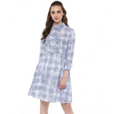 Blue cotton checkered roll-up sleeve dress for women, above knee length with collar neck