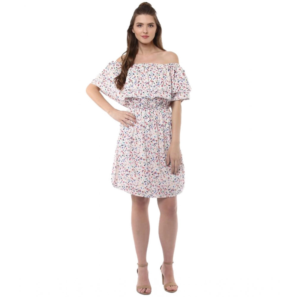 Multicolor rayon floral half sleeve above knee dress with off shoulder neckline for women's fashion, vibrant floral pattern