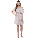 Multicolor rayon floral half sleeve above knee dress with off shoulder neckline for women's fashion, vibrant floral pattern