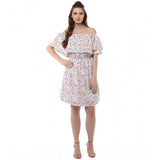 Multicolor rayon floral half sleeve above knee dress with off shoulder neckline for women's fashion, vibrant floral pattern