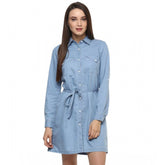 Blue denim women's long sleeved above-knee dress, solid pattern with collared neck