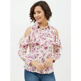 White polyester floral cold shoulder shirt with standard length, features floral pattern and cold shoulder sleeves