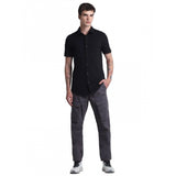Black cotton blend men's regular half-sleeve solid shirt, durable for everyday wear