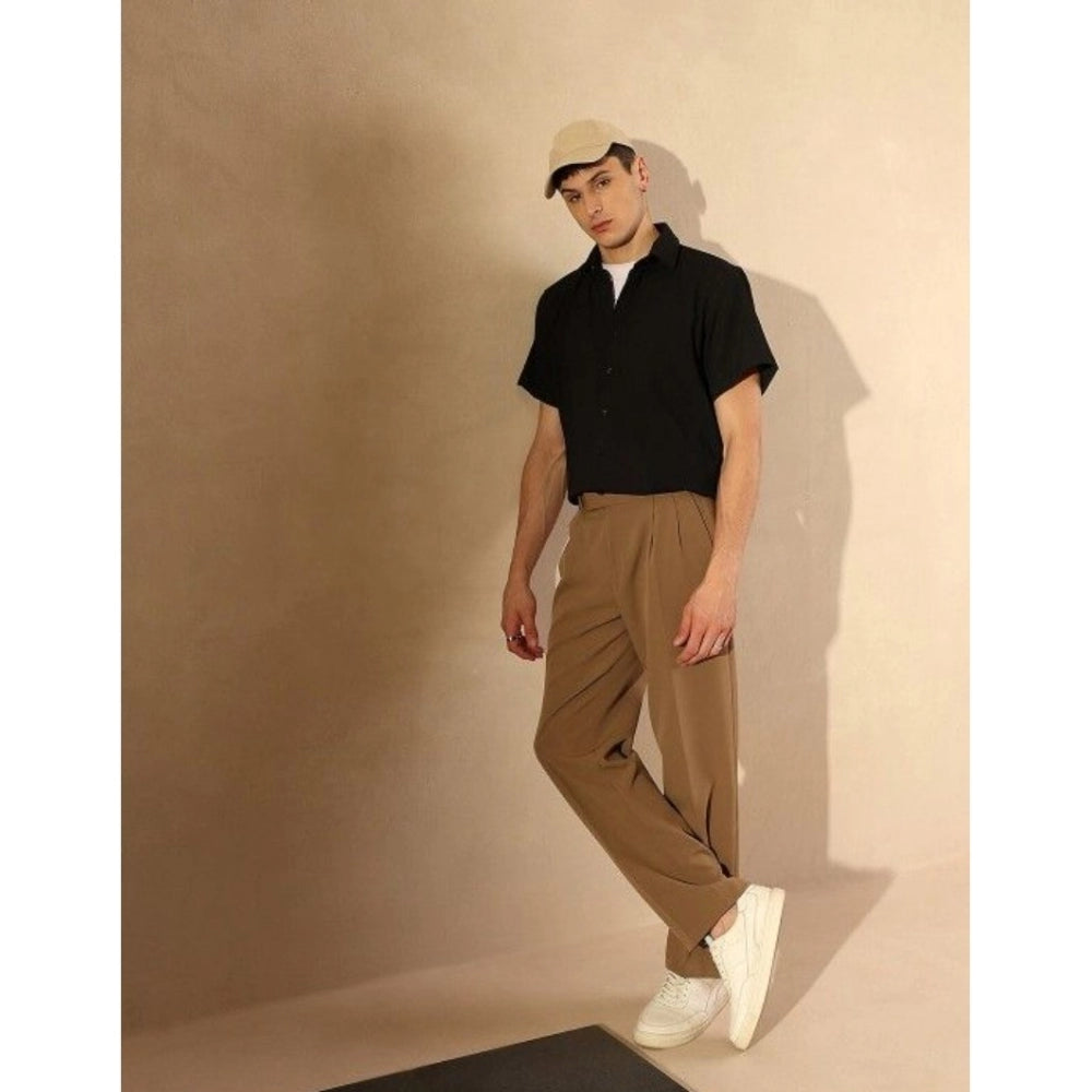 Black cotton blend men's regular half-sleeve solid shirt, ideal for casual wear