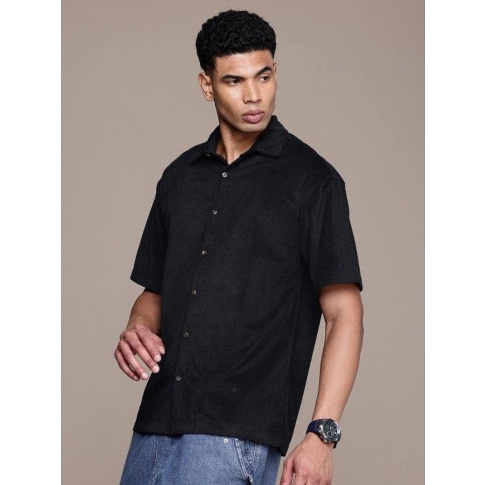 Black cotton blend men's half-sleeve solid shirt, ideal for casual wear