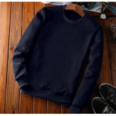 Navy Blue fleece men's casual sweatshirt with solid round neck and long sleeves