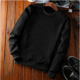Black fleece men's casual sweatshirt with solid round neck and long sleeves