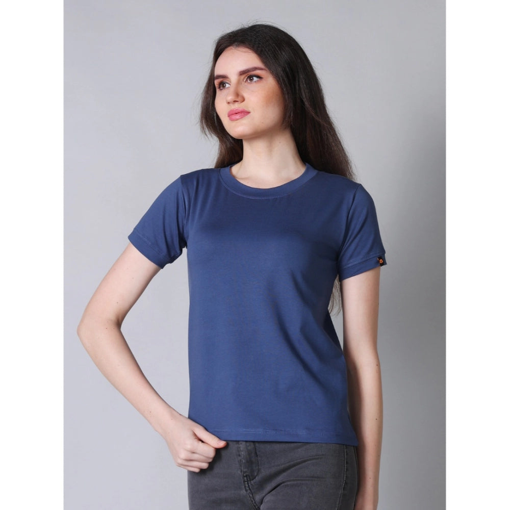 Blue cotton blended round neck half sleeve T-shirt for women, solid pattern