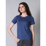 Blue cotton blended round neck half sleeve T-shirt for women, solid pattern
