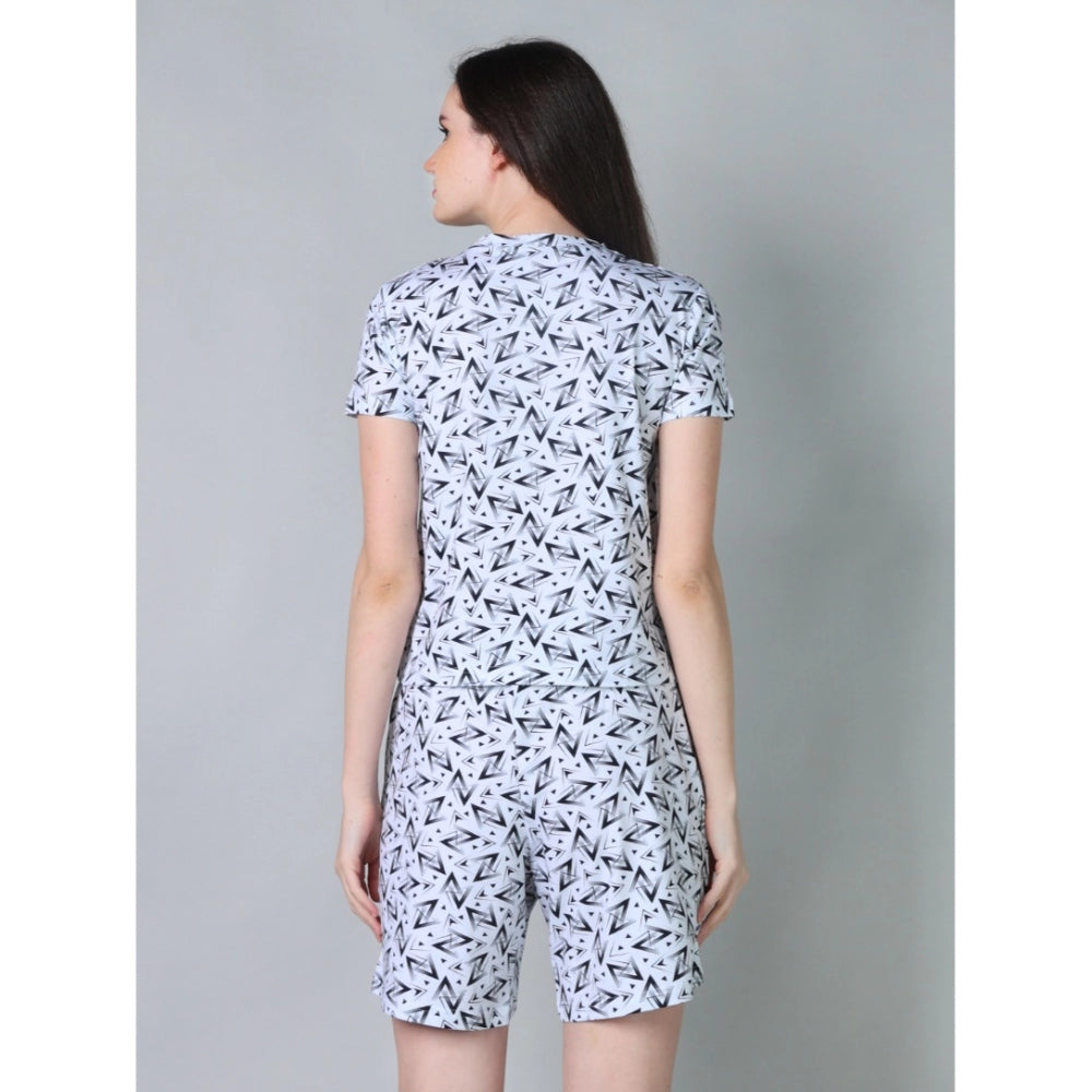 White-Black cotton blended printed round neck half sleeve top-shorts set for women, fashionable casual wear