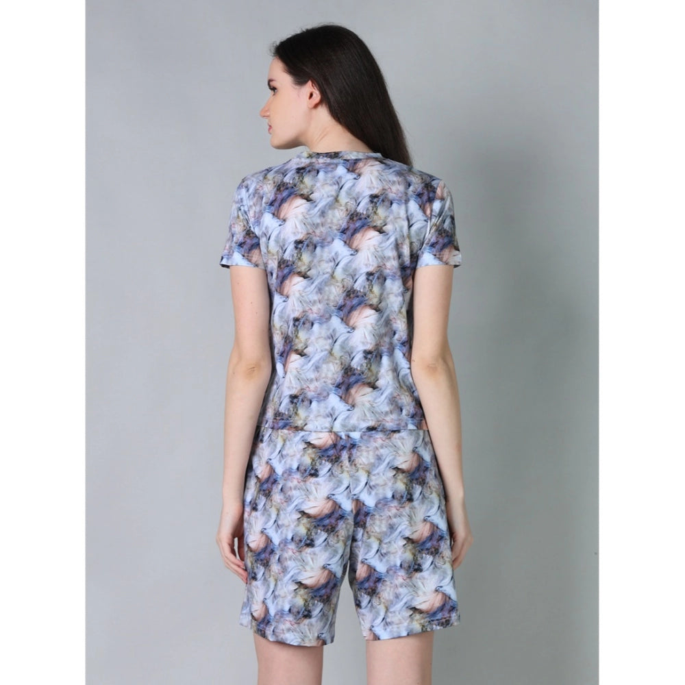 Blue-Peach cotton blended printed round neck half sleeve top-shorts set for women's casual wear, patterned with floral design