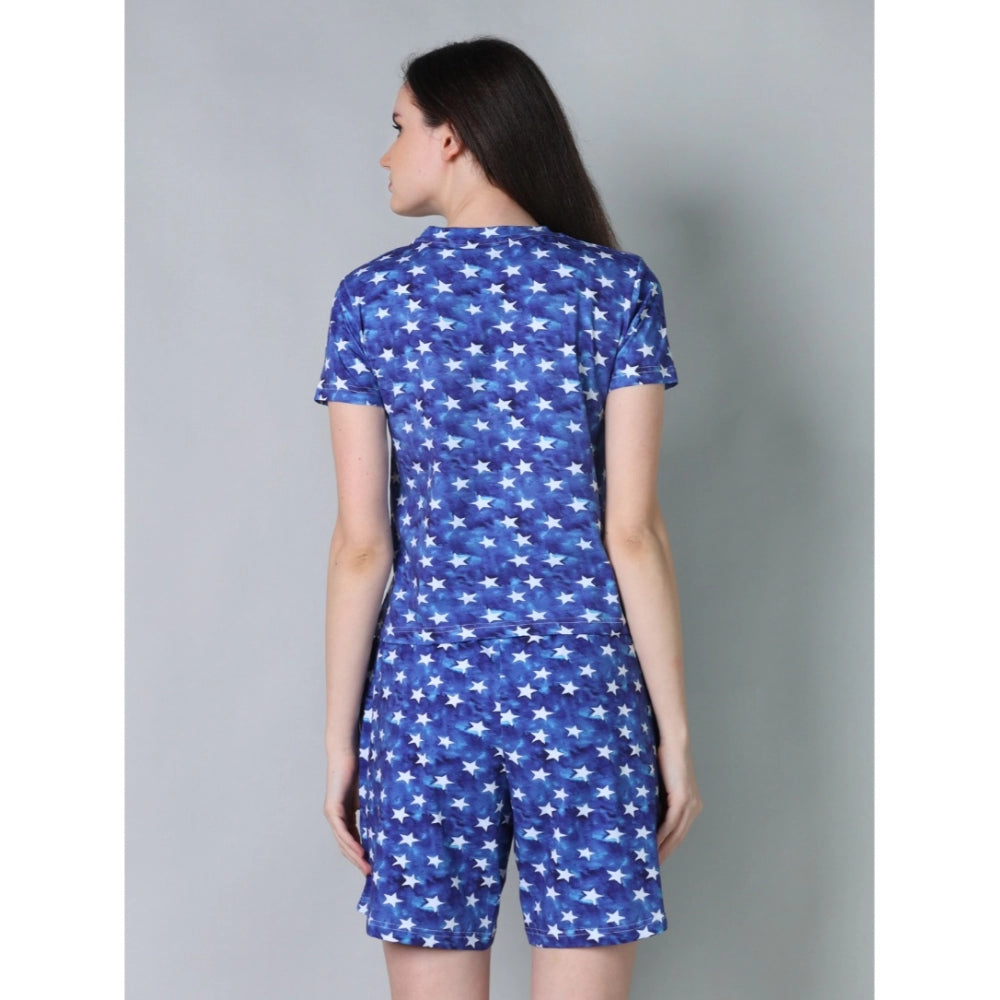 Blue cotton blended printed round neck half sleeve top-shorts set, vibrant patterns for women's fashion