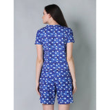 Blue cotton blended printed round neck half sleeve top-shorts set, vibrant patterns for women's fashion