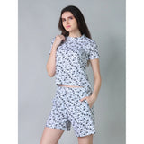 White-Black cotton blended printed round neck half sleeve top & shorts set for women's casual wear, vibrant patterns on display