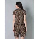 Brown cotton blended printed round neck half sleeve top-shorts set for women, vibrant pattern on display