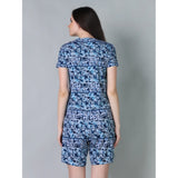 White-Blue cotton blended printed round neck half sleeve top & shorts set, stylish summer outfit for women