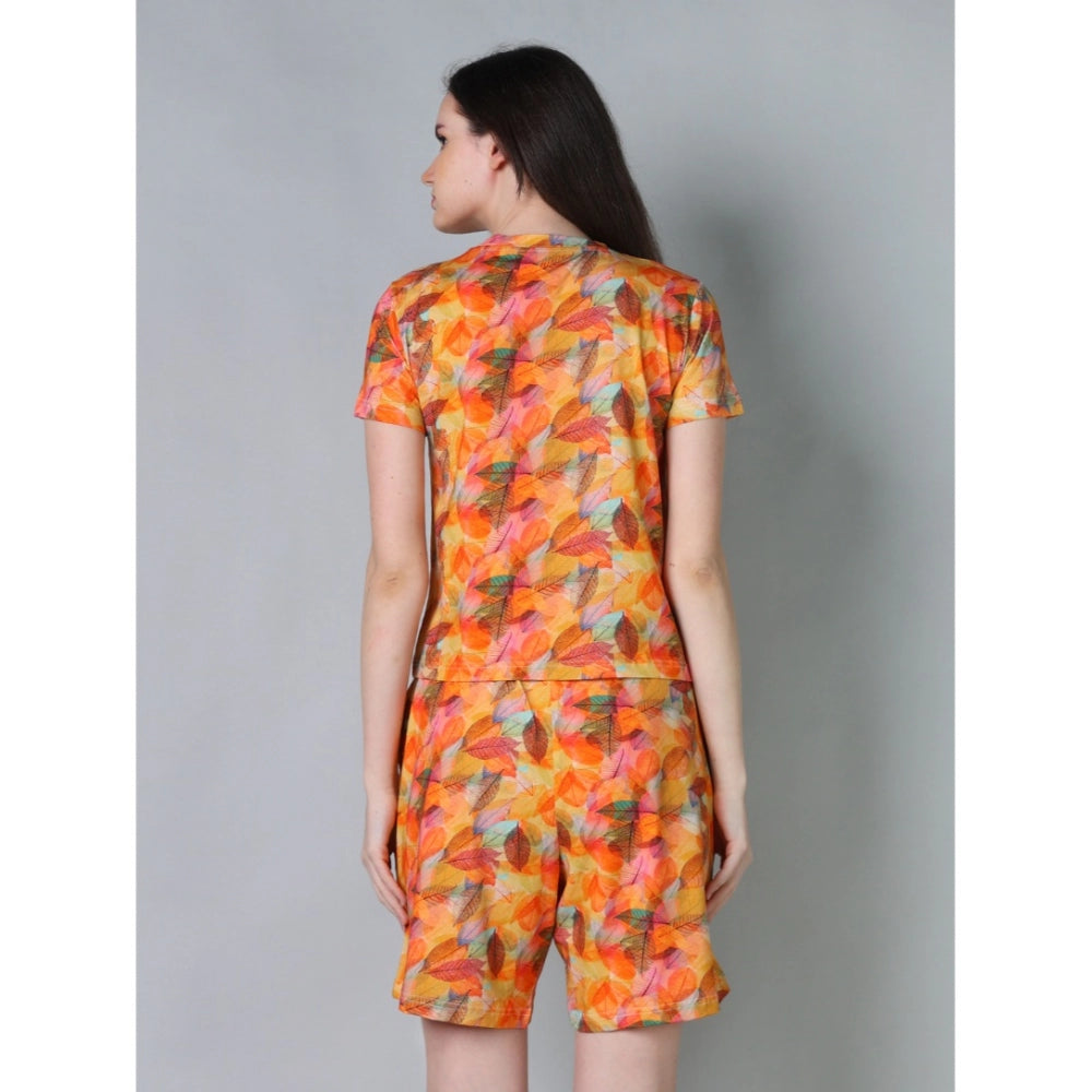 Yellow cotton blended printed round neck half sleeve top-shorts set, vibrant patterns for casual wear