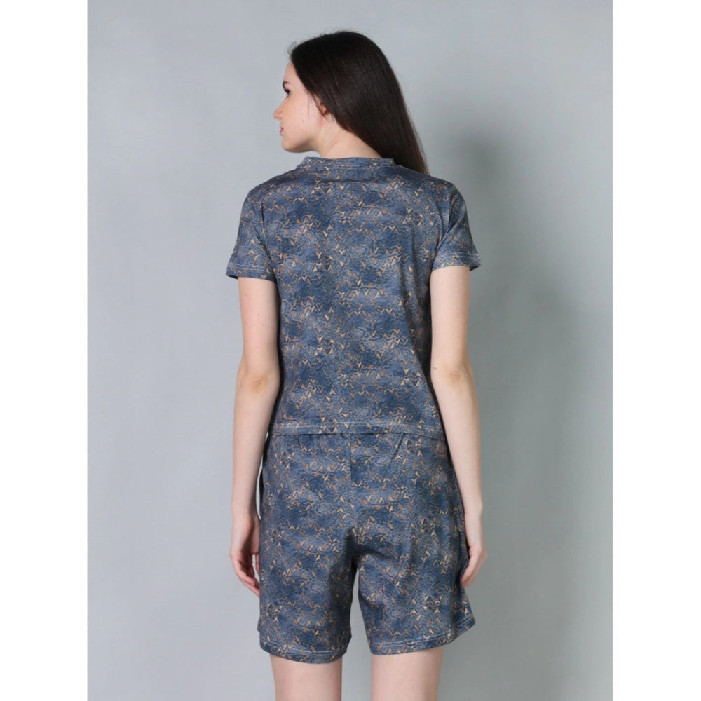 Blue cotton blended printed round neck half sleeve top-shorts set, stylish casual wear for women at home or leisure