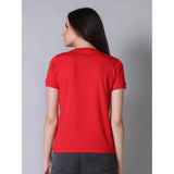 Red cotton blended round neck half-sleeve t-shirt for women on mannequin