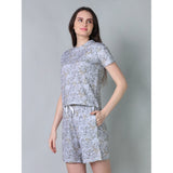 Grey cotton blended printed round neck half sleeve top-shorts set for women's casual wear