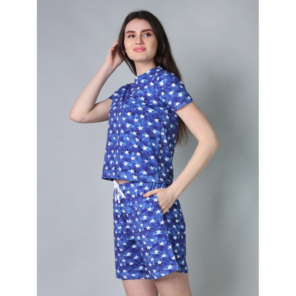 Blue cotton blended printed round neck half sleeve top-shorts set for women