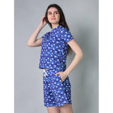 Blue cotton blended printed round neck half sleeve top-shorts set for women