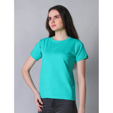 Green cotton blended women's half sleeve round neck t-shirt, solid design on model