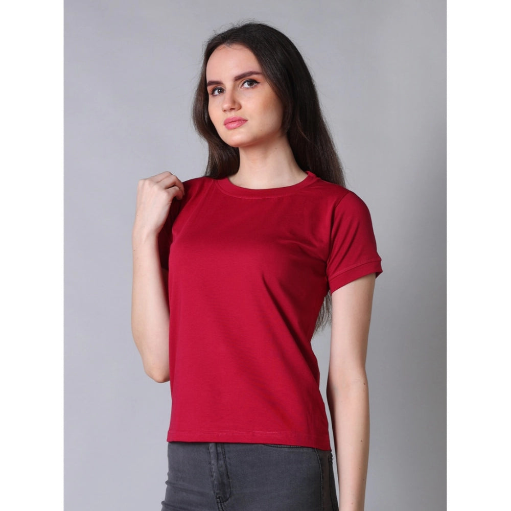 Maroon cotton blended half sleeve round neck t-shirt for women, solid pattern