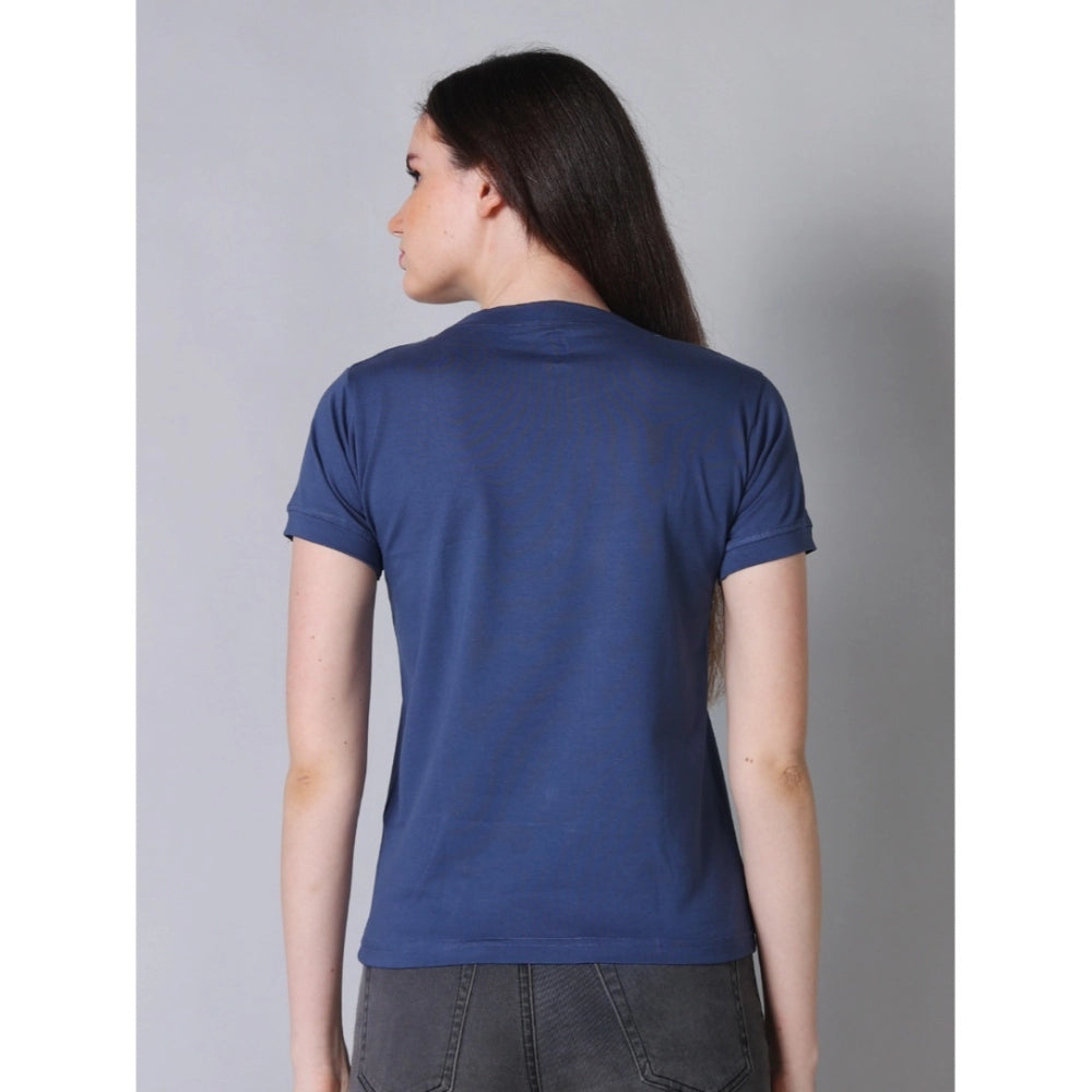 Blue cotton-blend women's round neck half sleeve t-shirt, solid design on model