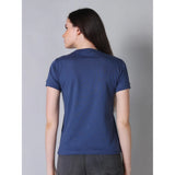 Blue cotton-blend women's round neck half sleeve t-shirt, solid design on model