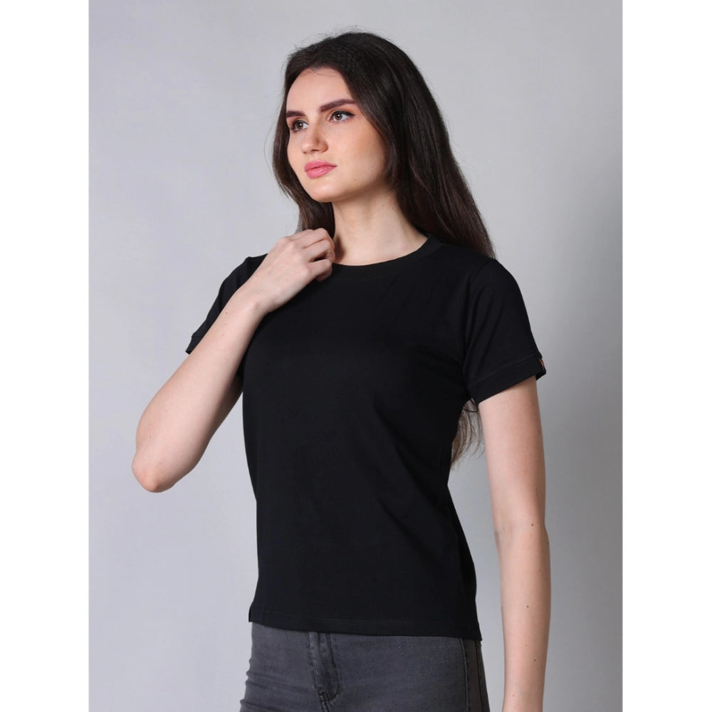 Black cotton blended round neck half sleeve T-shirt for women, solid design