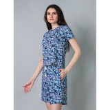White-Blue cotton blended printed round neck half sleeve top - shorts set for women, casual summer outfit on display stand