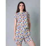 Grey cotton blended printed round neck half sleeve top-shorts set for women's casual fashion, vibrant pattern detail