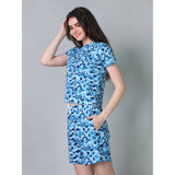 SkyBlue cotton blended printed round neck half sleeve top-shorts set, vibrant summer fashion for women at home or leisure