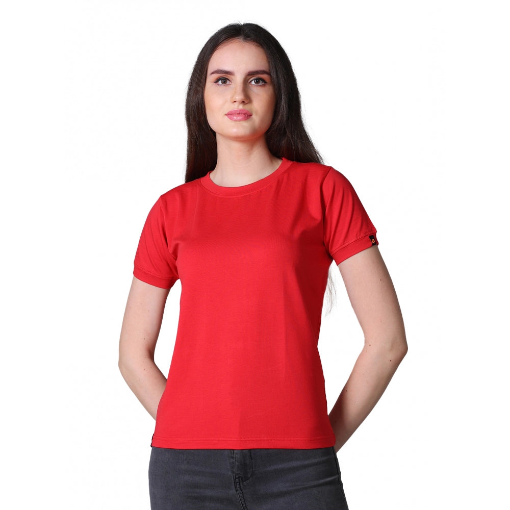 Red cotton blended women's half sleeve t-shirt with solid design