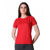 Red cotton blended women's half sleeve t-shirt with solid design