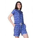 Blue cotton blended printed round neck half sleeve top-shorts set for women