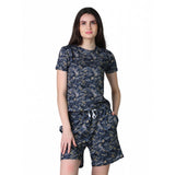 Navy cotton blended printed round neck half sleeve top-shorts set for women's casual fashion, vibrant design on display