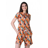 Women's Cotton Blended Printed Round Neck Half Sleeve Top - Shorts Set (Orange)