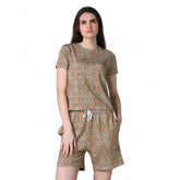 Beige cotton blended printed round neck half sleeve top-shorts set, stylish summer wear for women
