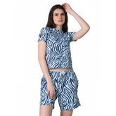 Blue cotton blended printed round neck half sleeve top-shorts set, versatile casualwear for women