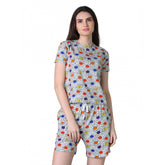 Grey cotton blended printed round neck half sleeve top-shorts set, casual wear for women at home or leisure