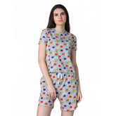 Grey cotton blended printed round neck half sleeve top with shorts - women's casual wear set on mannequin